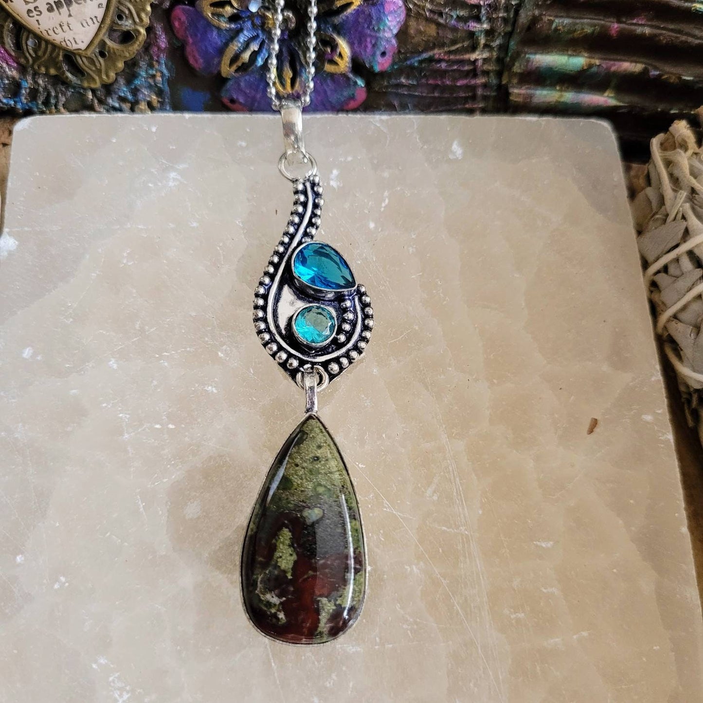 Dragons blood jasper and blue topaz pendant necklace 925 silver crystal healing protection amulet natural stone gift for him or her