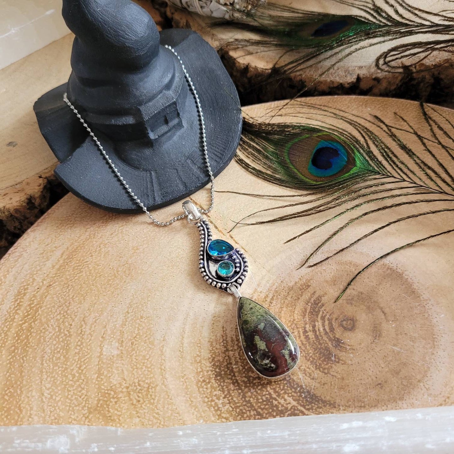 Dragons blood jasper and blue topaz pendant necklace 925 silver crystal healing protection amulet natural stone gift for him or her