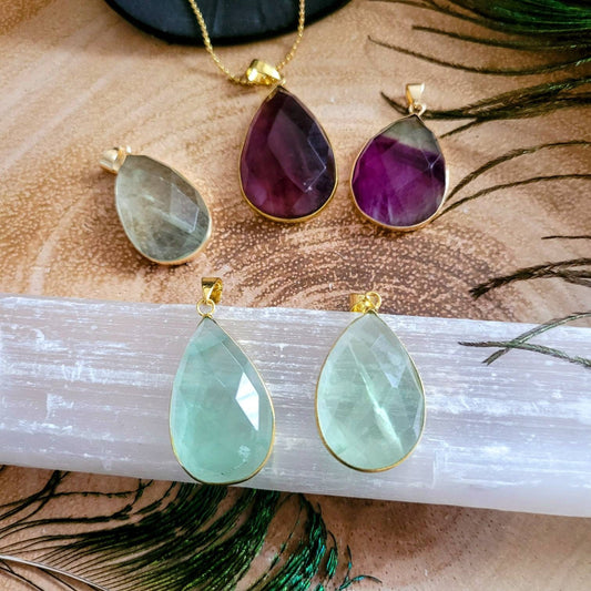 Rainbow fluorite necklace Faceted pendant crystal healing natural stone teardrop gift for him or her