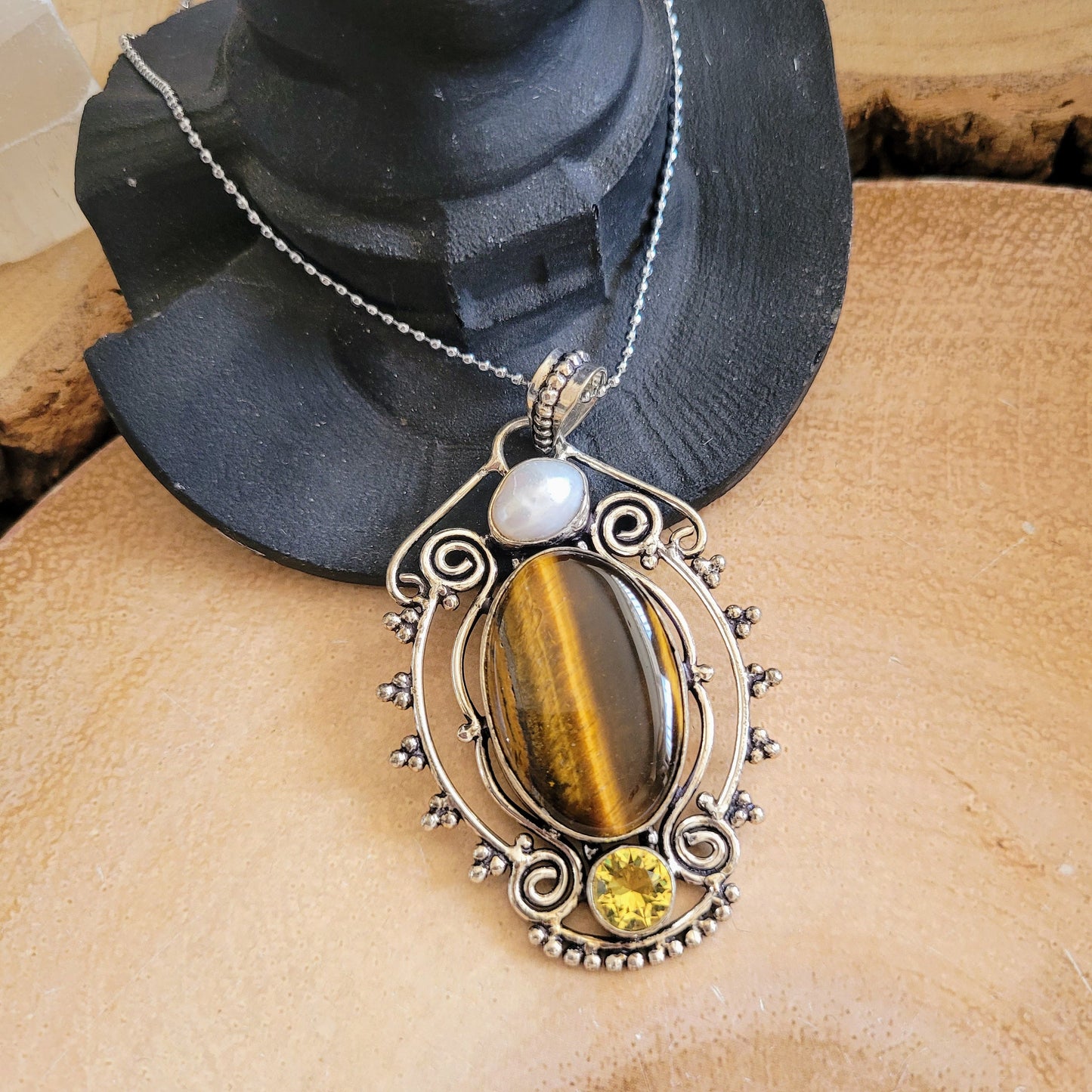 Tigers eye pearl and citrine necklace  925 silver crystal healing  jewelry witchy jewelry for him or her