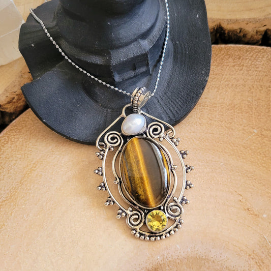 Tigers eye pearl and citrine necklace  925 silver crystal healing  jewelry witchy jewelry for him or her