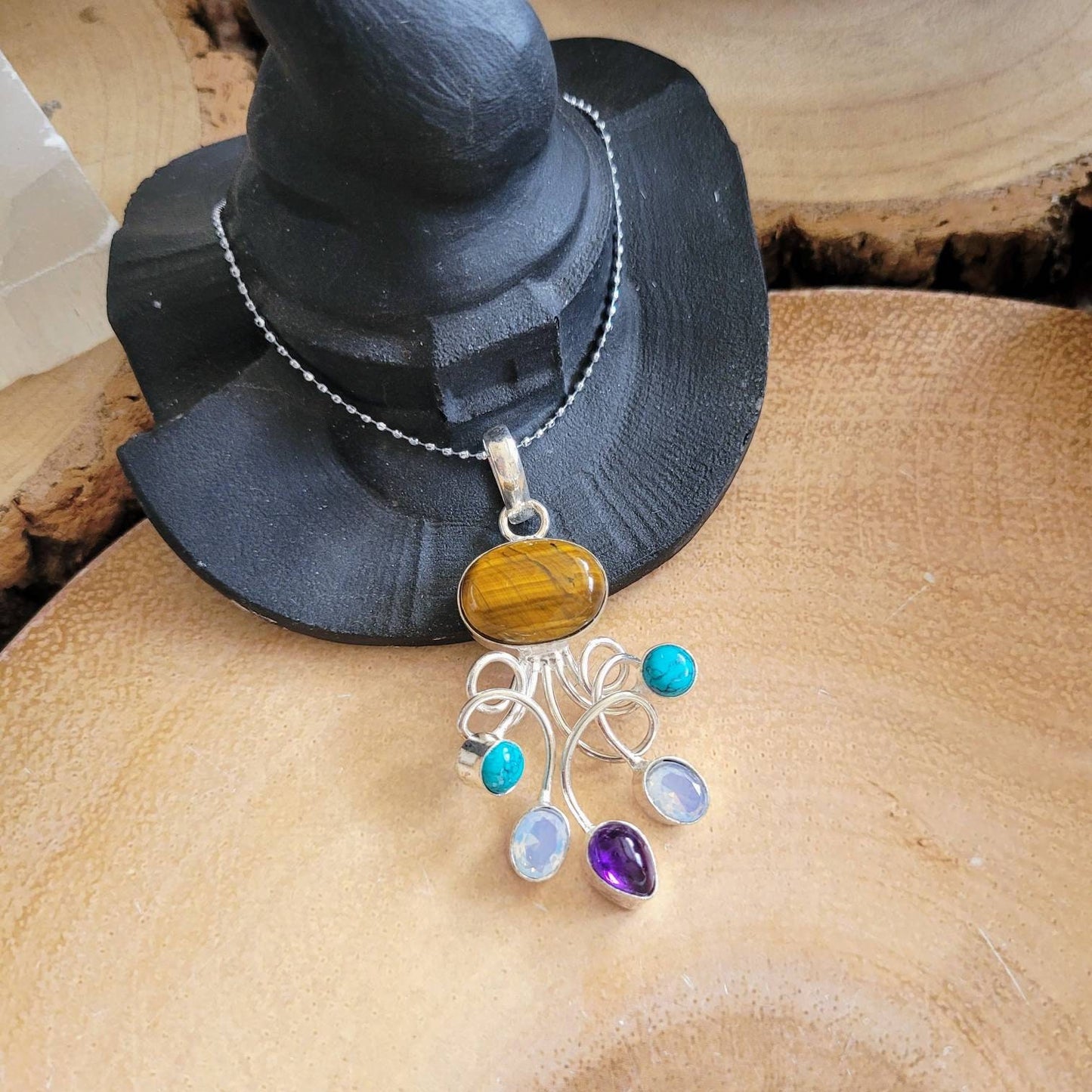 Tigers eye turquenite, opalite and amethyst pendant necklace 925 silver crystal healing natural stone witchy jewellery gift for her