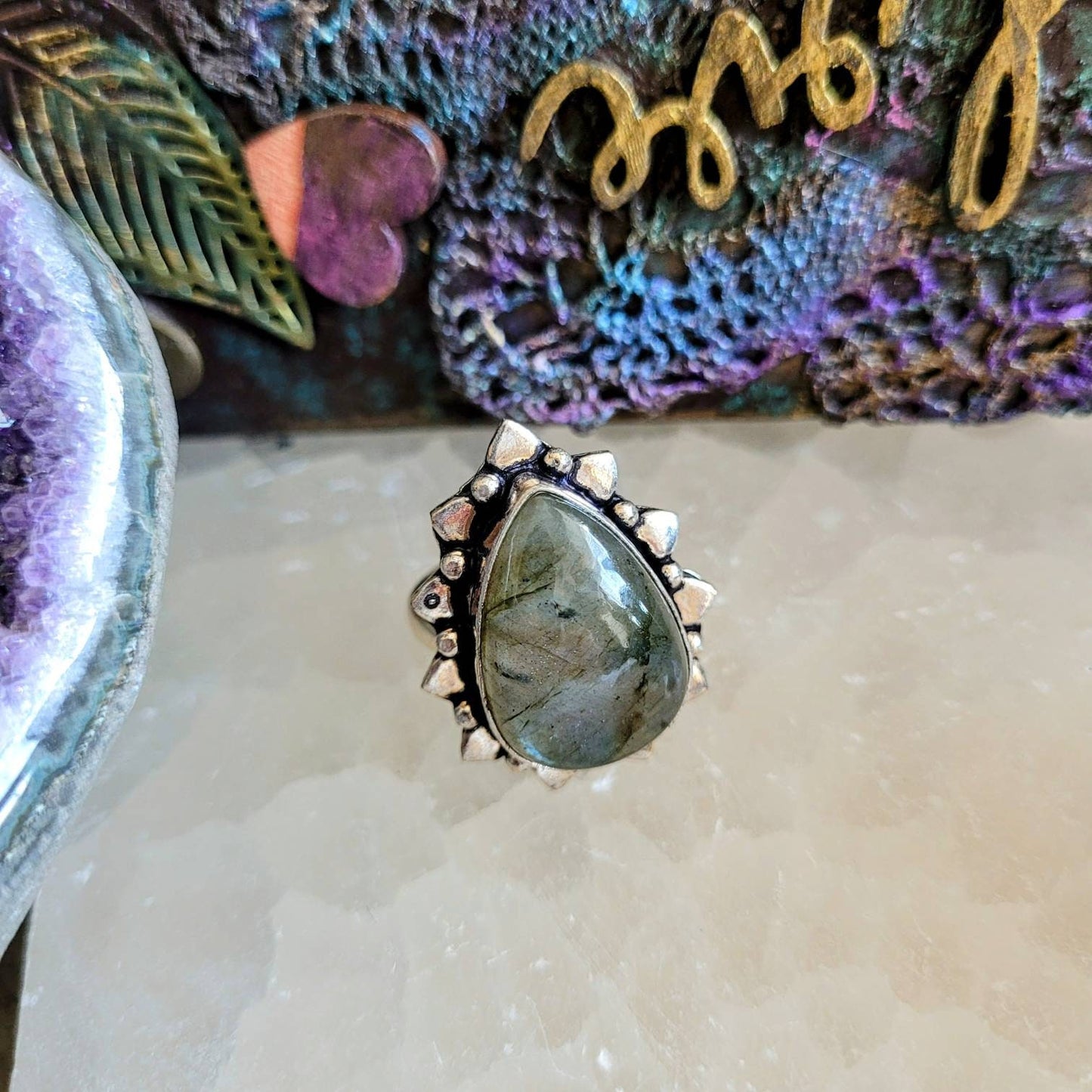 Labradorite ring 925 Silver size 9.5 crystal healing natural Stone witchy jewellery for him or her jewelry for men or women