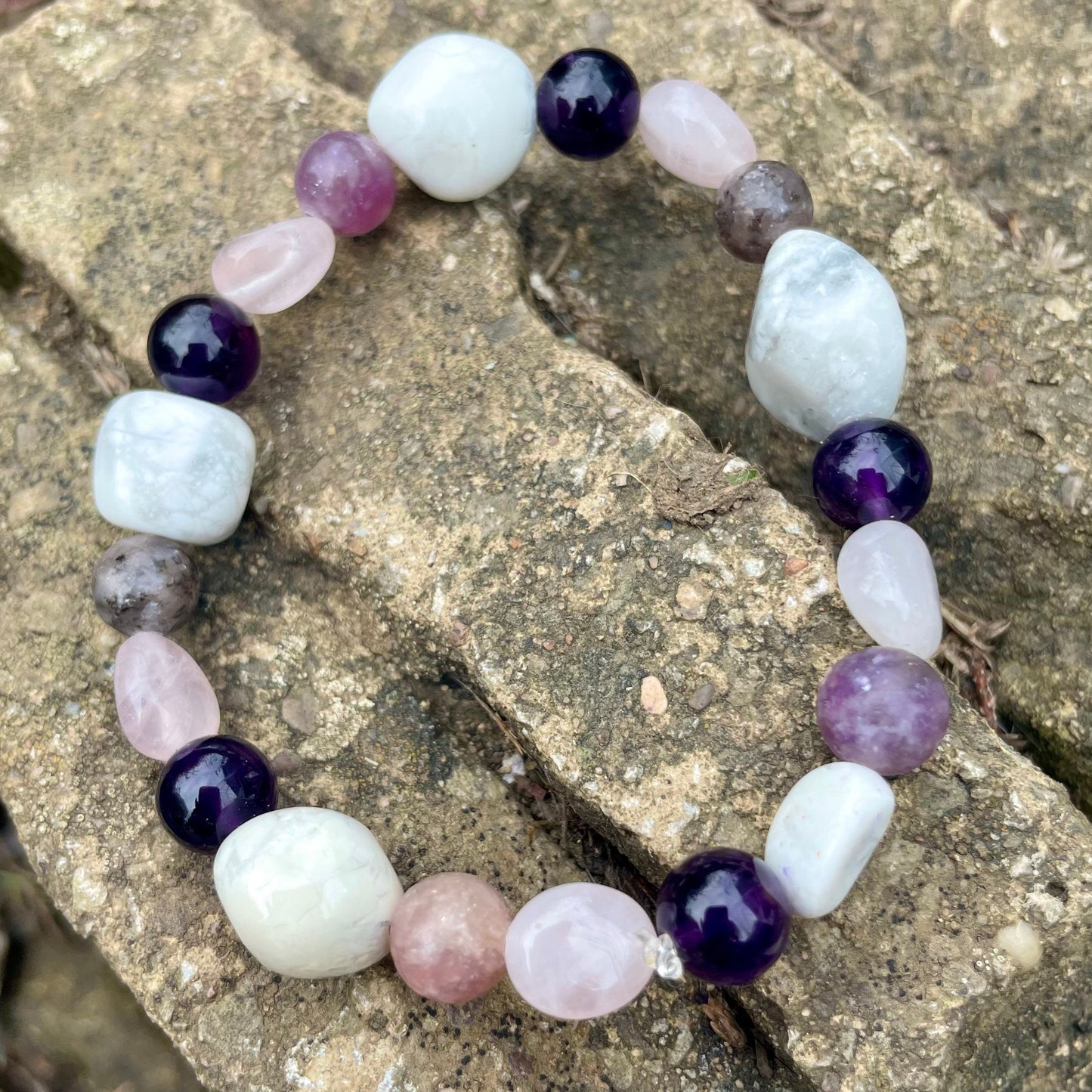 Mind Calming bracelet crystal natural stone Howlite, Rose Quartz, Amethyst and Lepidolite gift for him or her