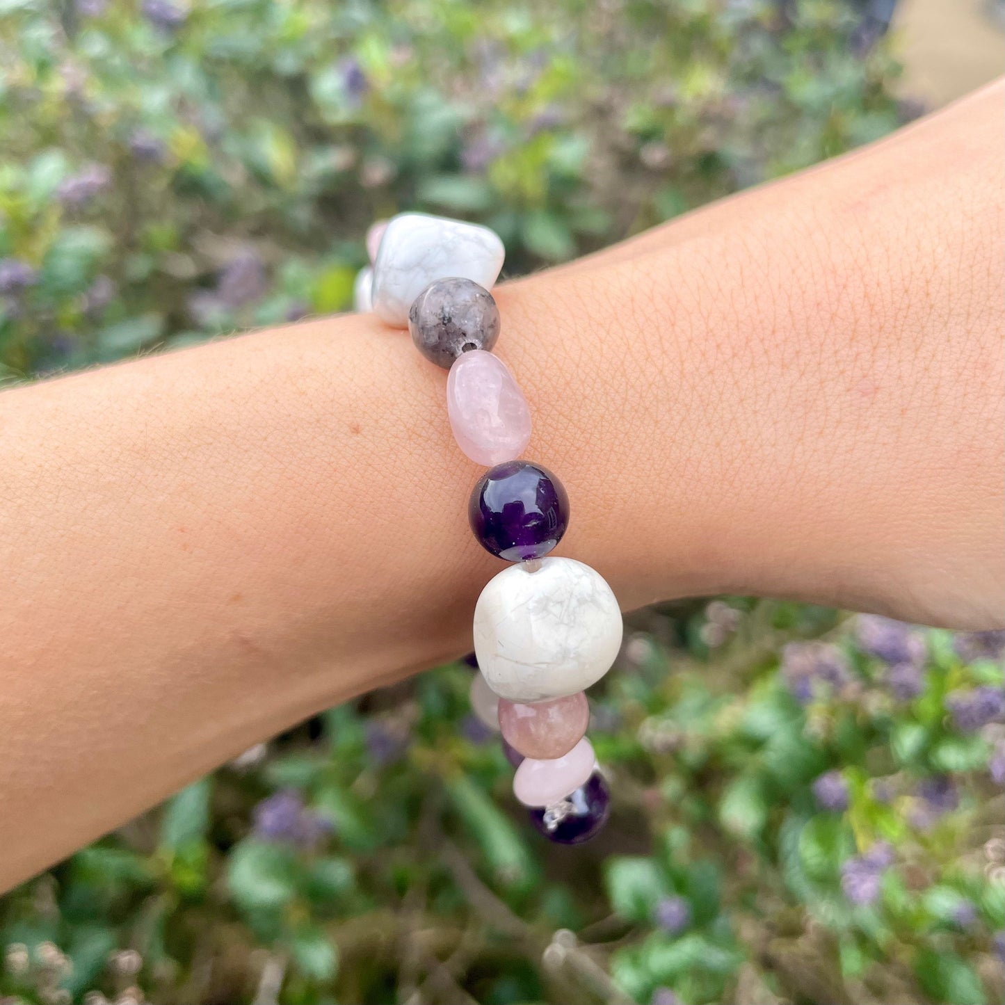 Mind Calming bracelet crystal natural stone Howlite, Rose Quartz, Amethyst and Lepidolite gift for him or her