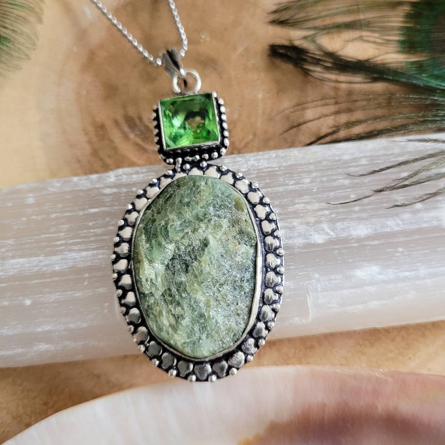 Raw prehnite and peridot pendant 925 silver crystal healing necklace natural stone jewellery gift for him or her witchy jewelry