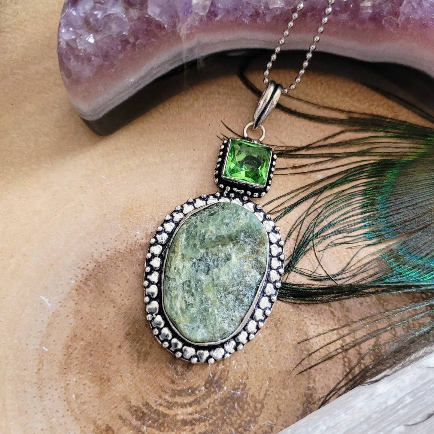 Raw prehnite and peridot pendant 925 silver crystal healing necklace natural stone jewellery gift for him or her witchy jewelry