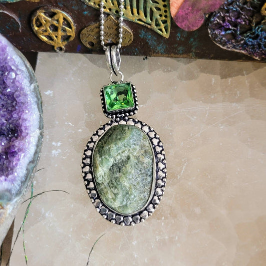 Raw prehnite and peridot pendant 925 silver crystal healing necklace natural stone jewellery gift for him or her witchy jewelry