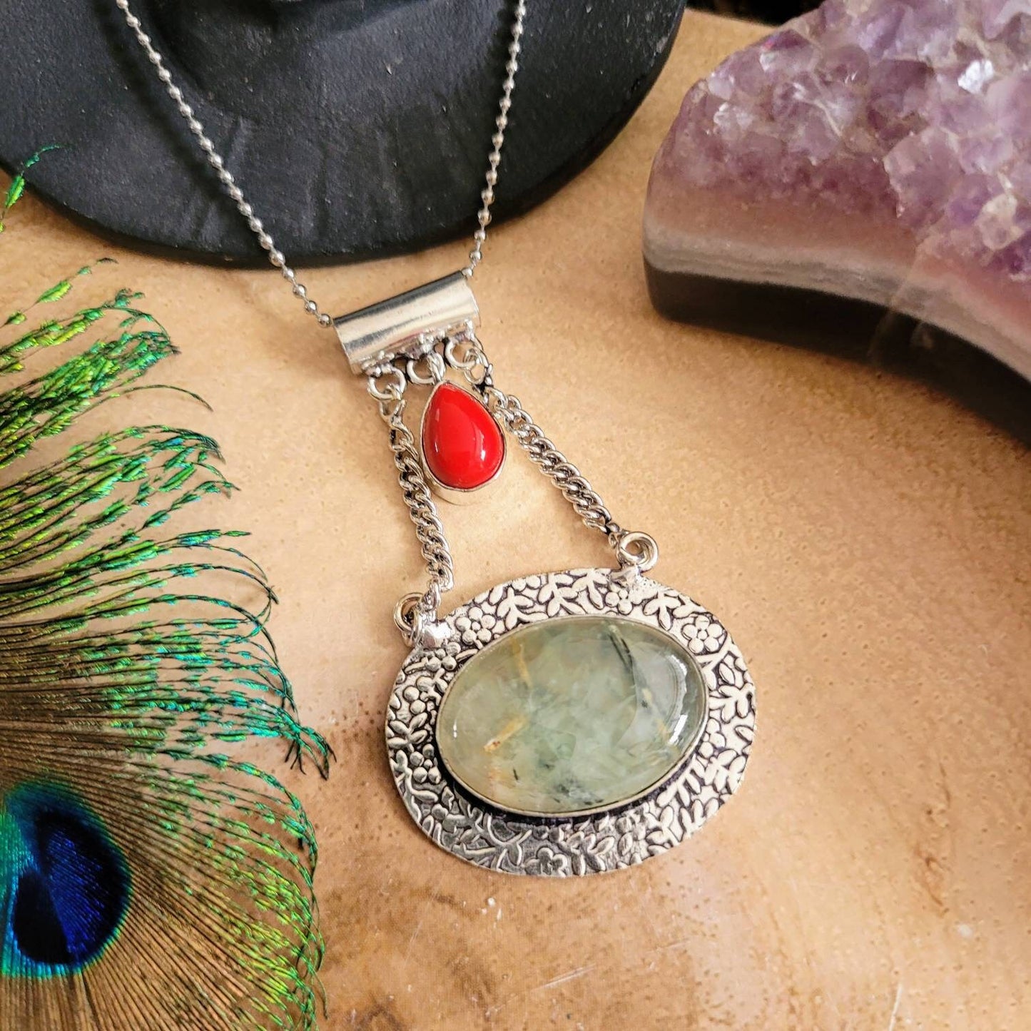 Prehnite and red coral pendant 925 silver crystal healing necklace natural stone jewellery gift for him or her witchy jewelry for women