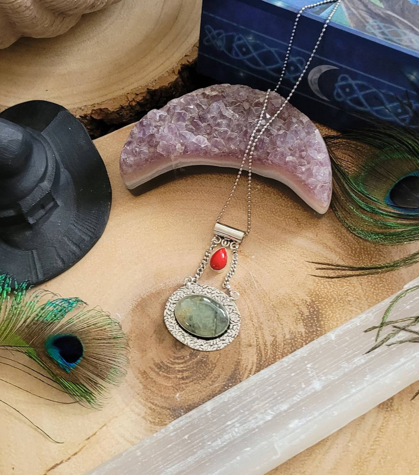 Prehnite and red coral pendant 925 silver crystal healing necklace natural stone jewellery gift for him or her witchy jewelry for women