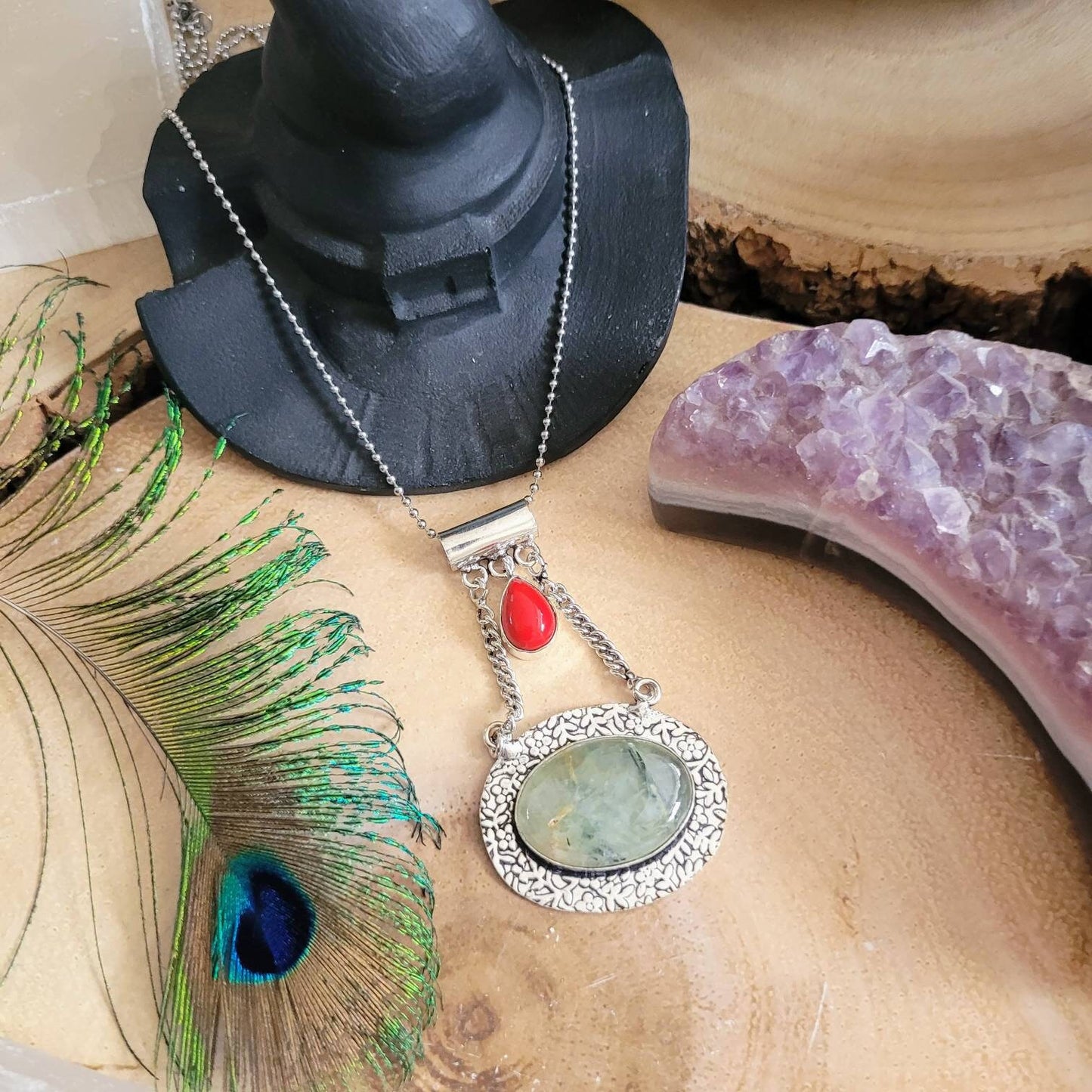 Prehnite and red coral pendant 925 silver crystal healing necklace natural stone jewellery gift for him or her witchy jewelry for women