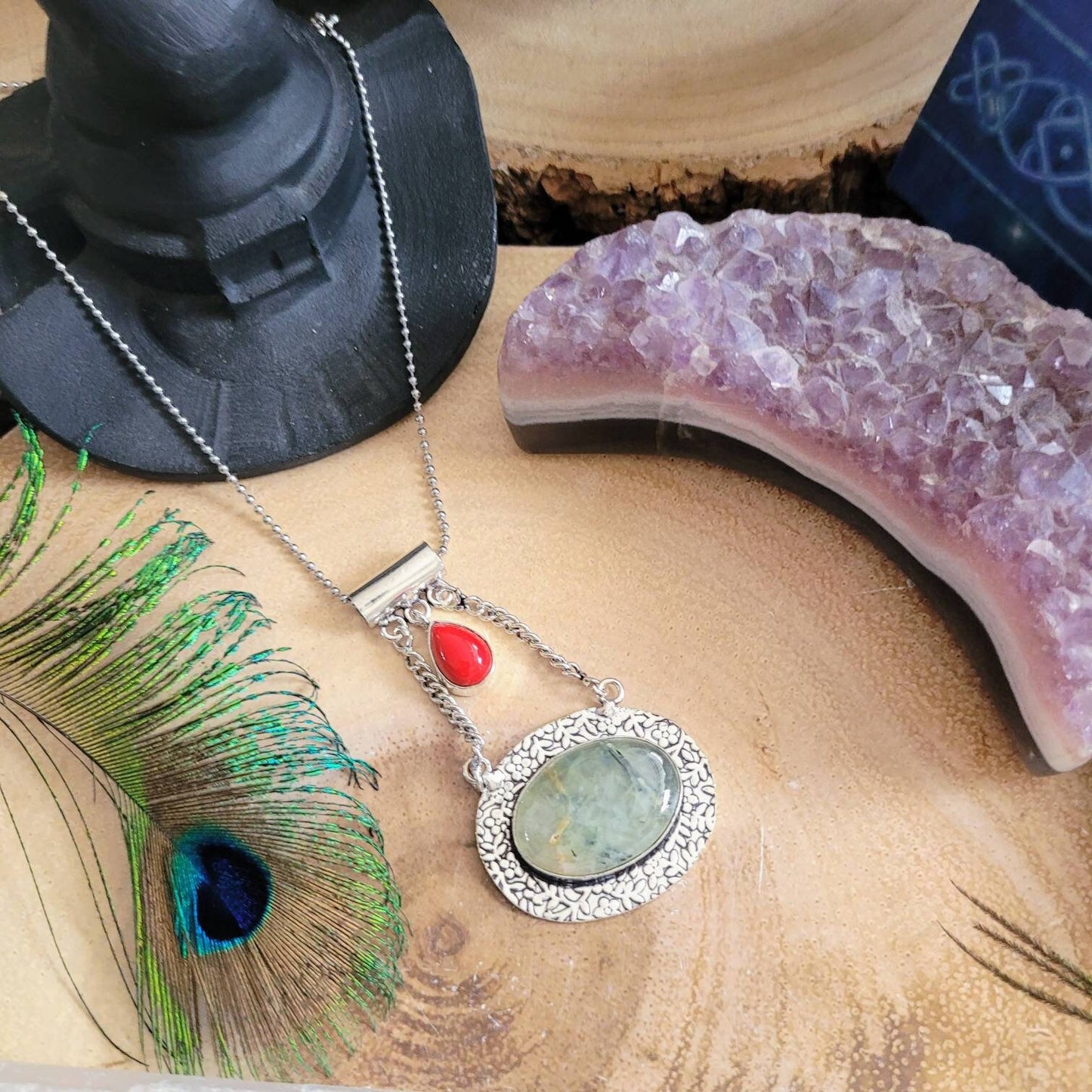 Prehnite and red coral pendant 925 silver crystal healing necklace natural stone jewellery gift for him or her witchy jewelry for women