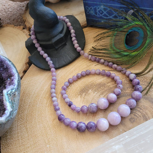 Lepidolite beaded necklace and bracelet set crystal healing natural stone mica jewellery for women gift for her