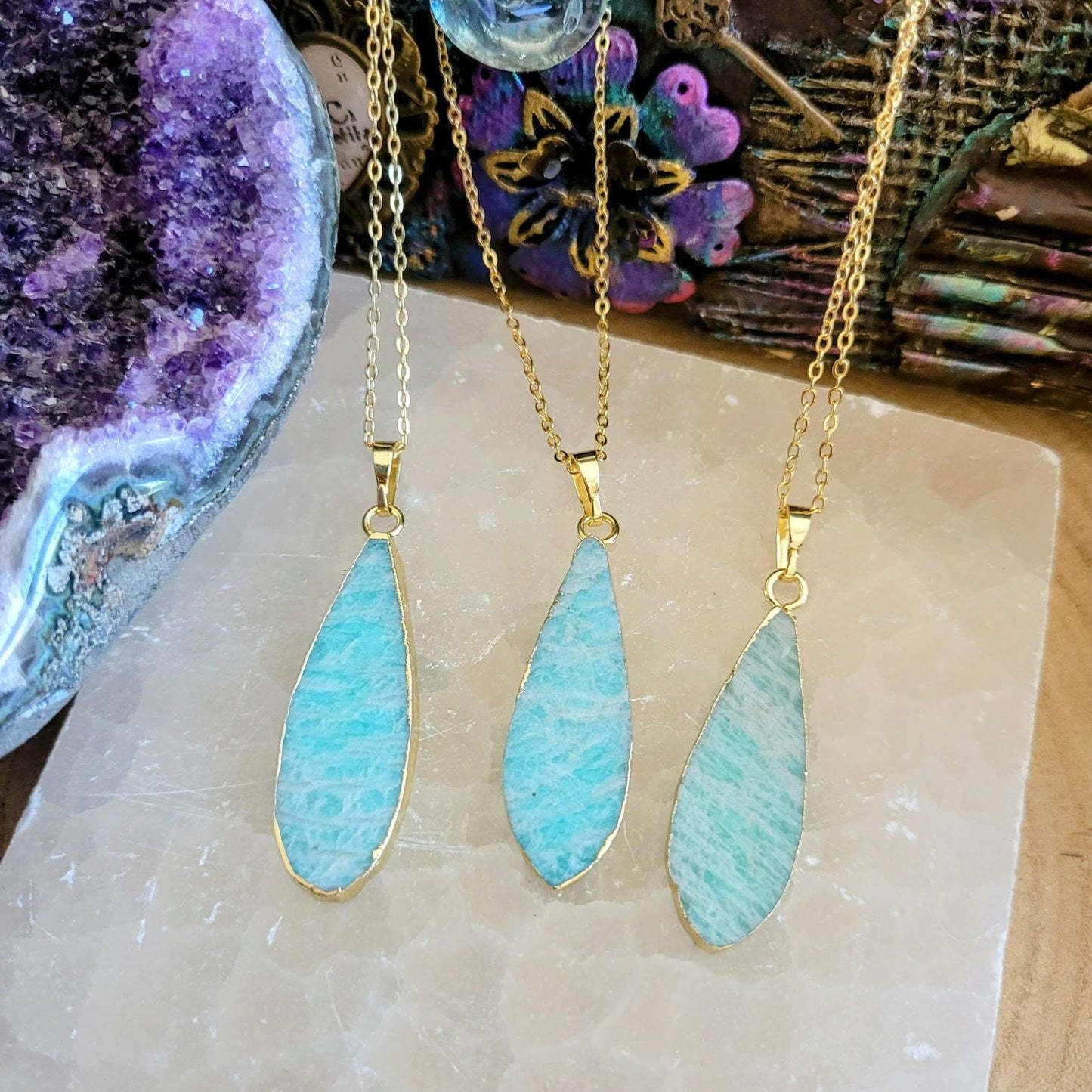 Amazonite necklace teardrop pendant Crystal healing jewellery gift for him or her jewelry for women or men heart and throat chakra