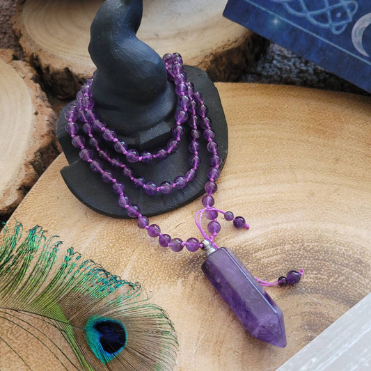 Amethyst Necklace knotted with an amethyst point perfume bottle aromatherapy crystal healing February  birthstone jewellery gift for her