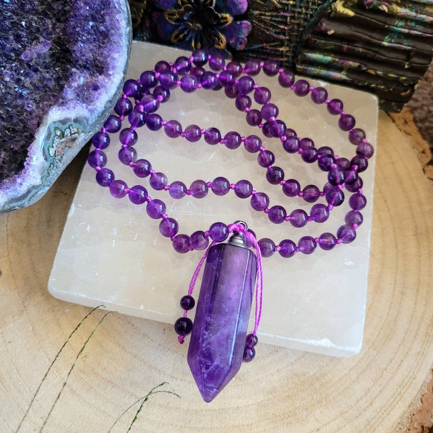 Amethyst Necklace knotted with an amethyst point perfume bottle aromatherapy crystal healing February  birthstone jewellery gift for her