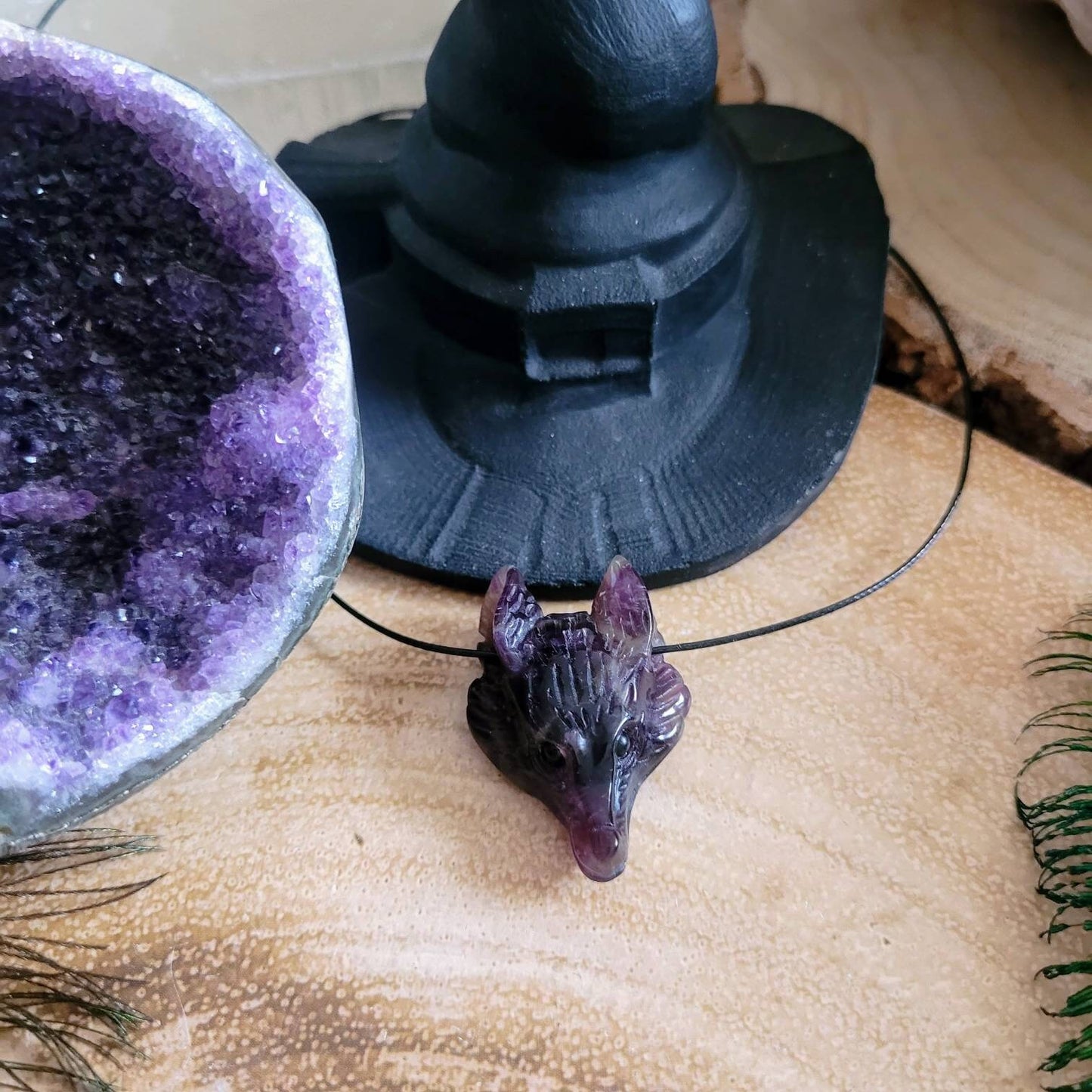 Amethyst necklace choker wolf head carved natural stone crystal healing third eye Chakra witchy jewellery for men or women