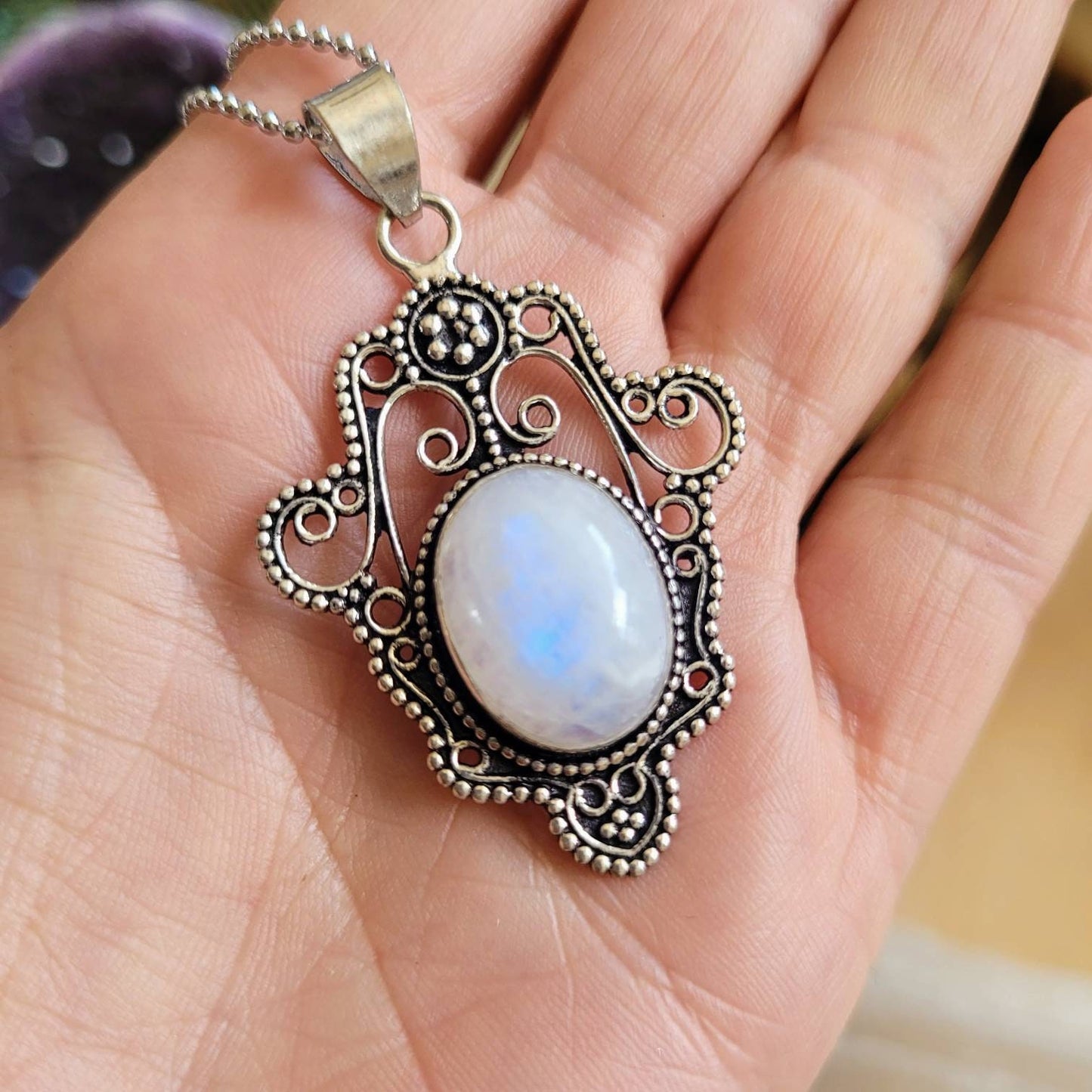 Rainbow Moonstone pendant necklace 925 silver natural stone healing crystal witchy jewellery gift for her gemstone jewelry for women