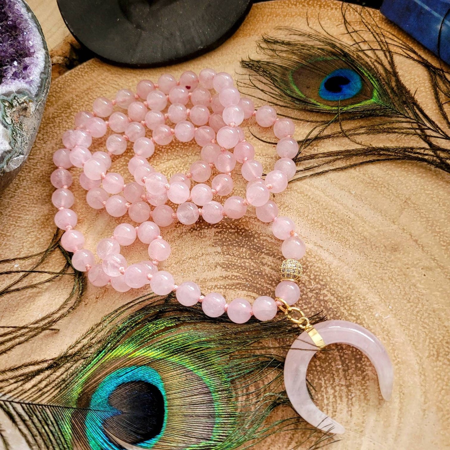 Rose Quartz necklace with crescent moon heart chakra gift for her crystal healing jewellery for women pink witchy jewelry