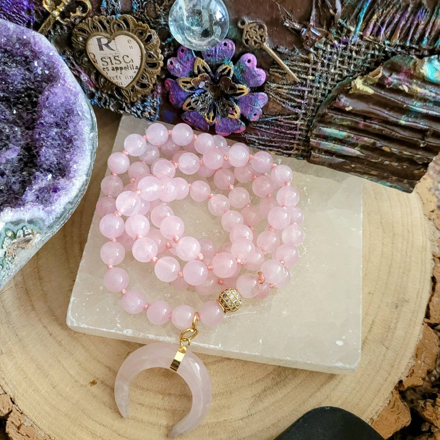 Rose Quartz necklace with crescent moon heart chakra gift for her crystal healing jewellery for women pink witchy jewelry