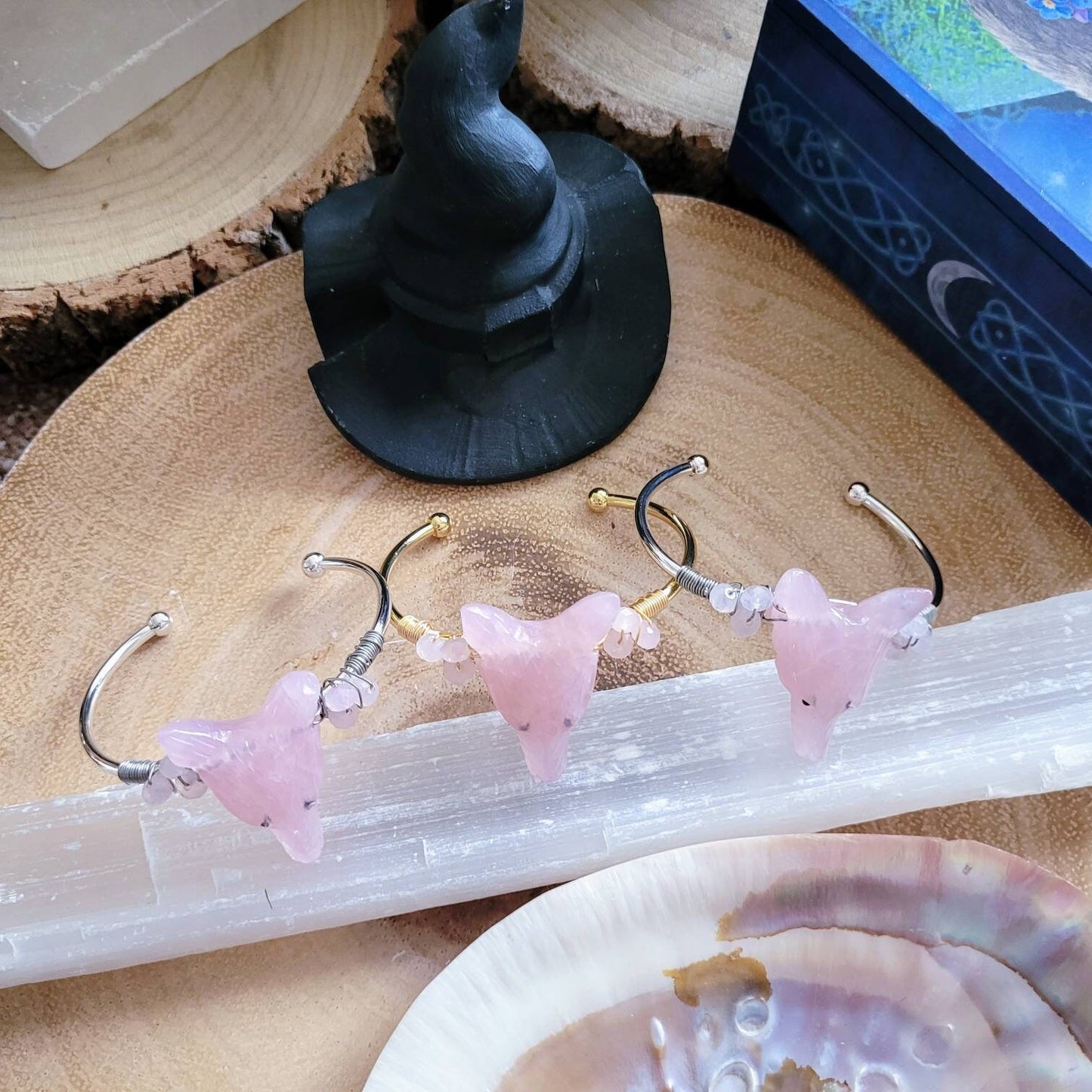 Rose Quartz cuff Bracelet wolf head wire wrapped crystal healing heart chakra witchy jewellery for her jewelry for women