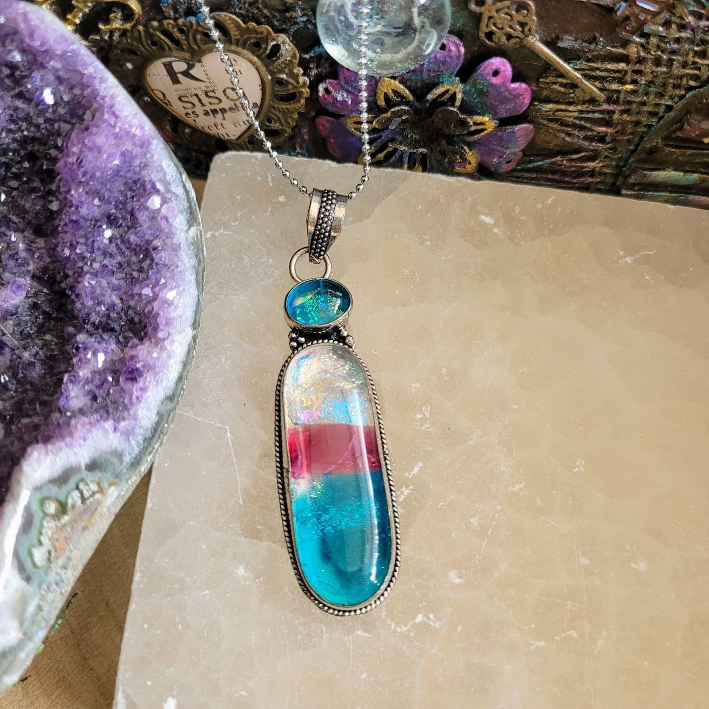 Dichroic glass pendant necklace 925 silver witchy jewellery gift for him or her