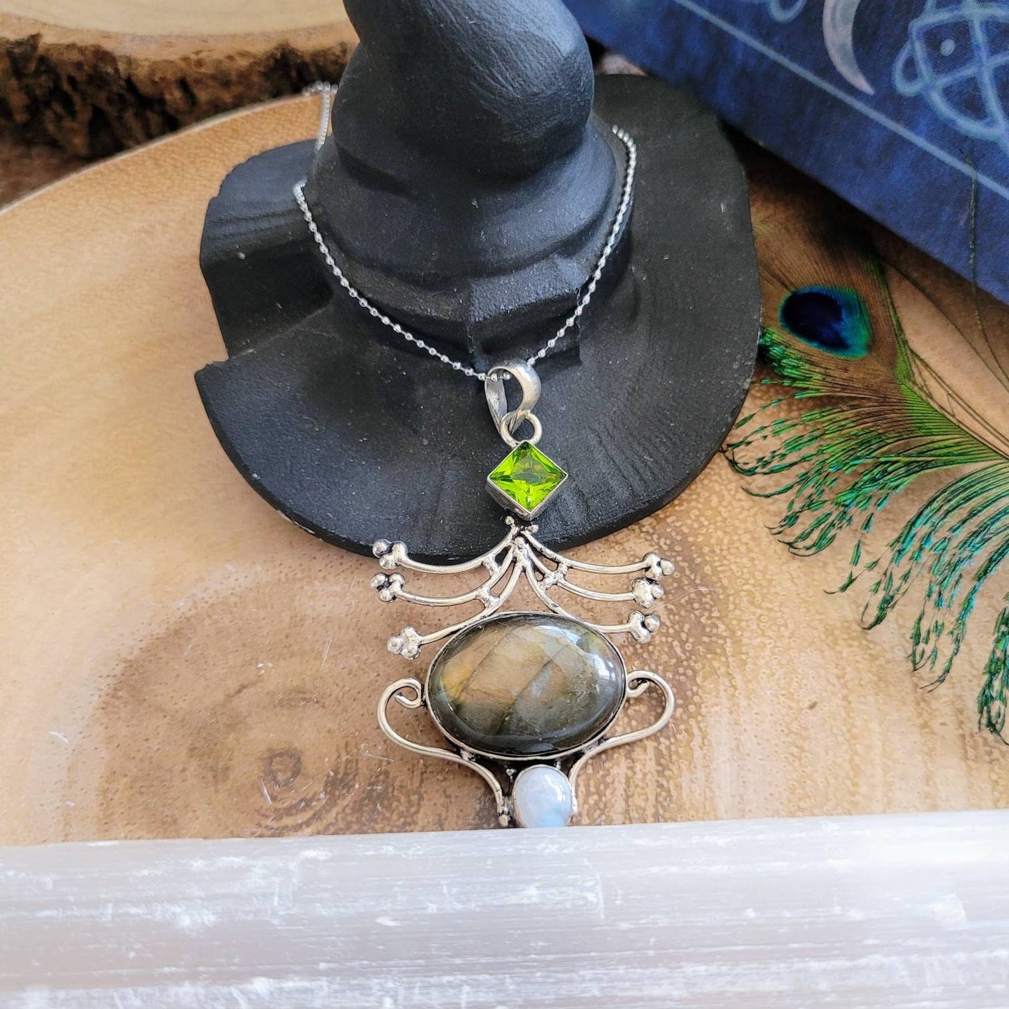 labradorite peridot and moonstone pendant necklace 925 silver crystal healing witchy jewellery for men or women gift for him or her