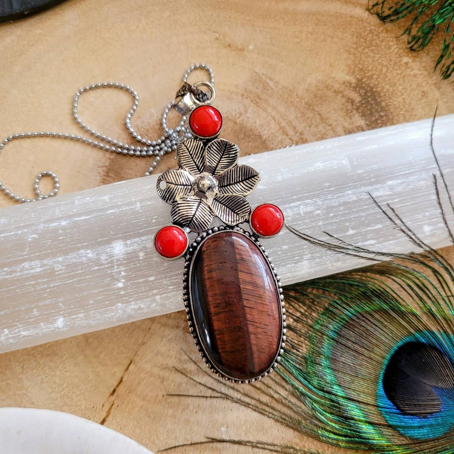 Red tigers eye and red coral pendant necklace 925 silver natural stone crystal healing jewellery for women grounding root chakra witchy