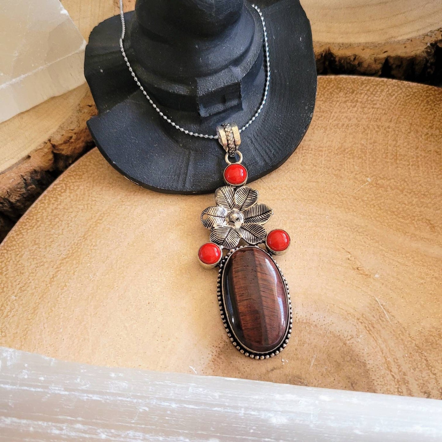 Red tigers eye and red coral pendant necklace 925 silver natural stone crystal healing jewellery for women grounding root chakra witchy