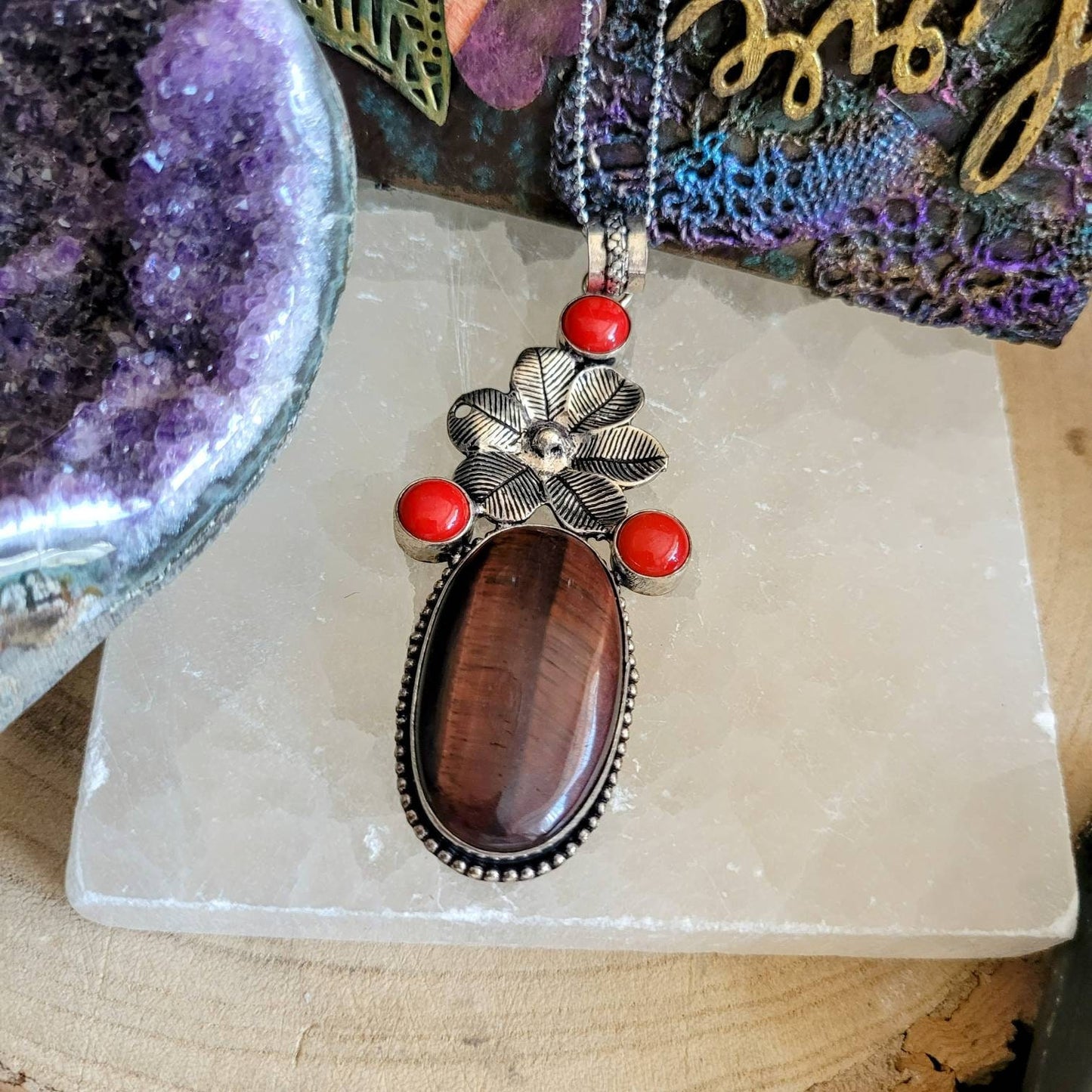 Red tigers eye and red coral pendant necklace 925 silver natural stone crystal healing jewellery for women grounding root chakra witchy