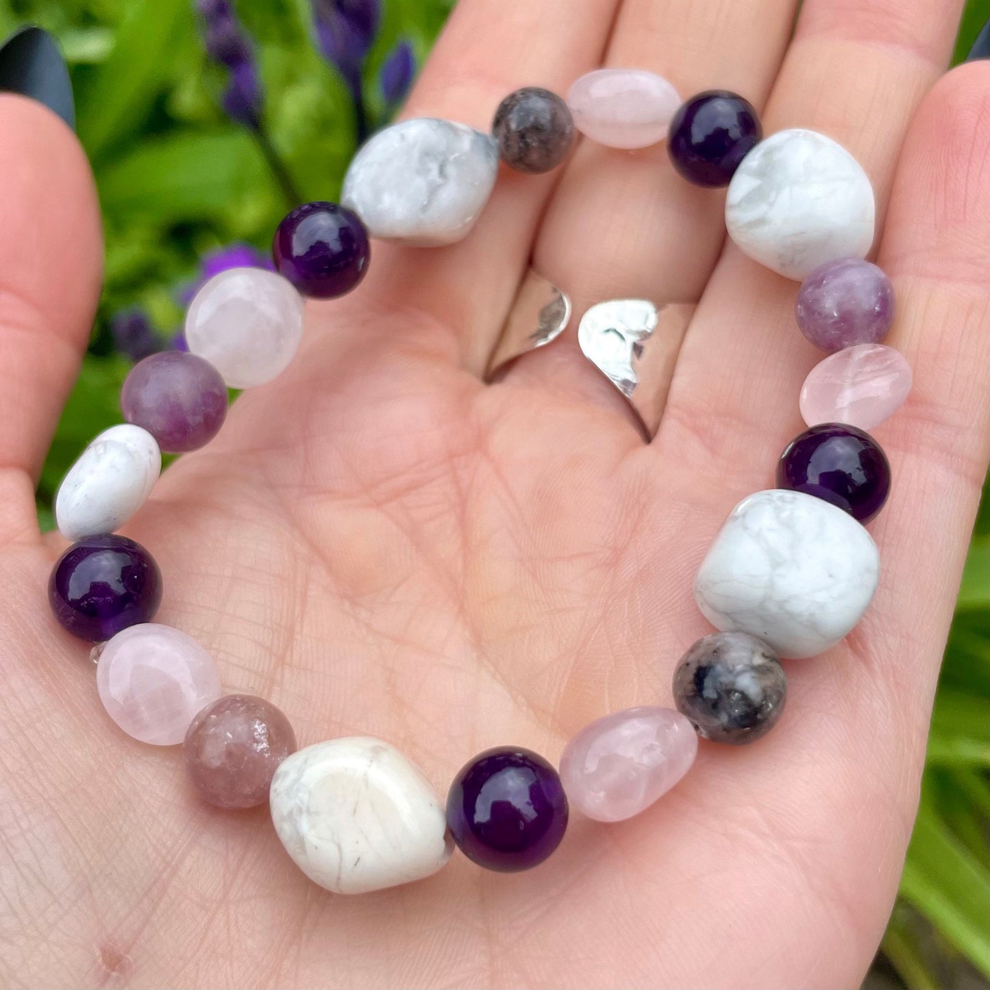 Mind Calming bracelet crystal natural stone Howlite, Rose Quartz, Amethyst and Lepidolite gift for him or her