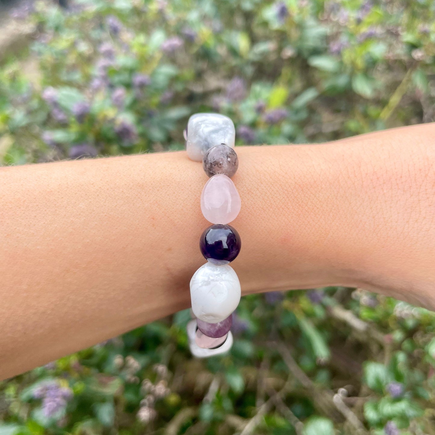 Mind Calming bracelet crystal natural stone Howlite, Rose Quartz, Amethyst and Lepidolite gift for him or her