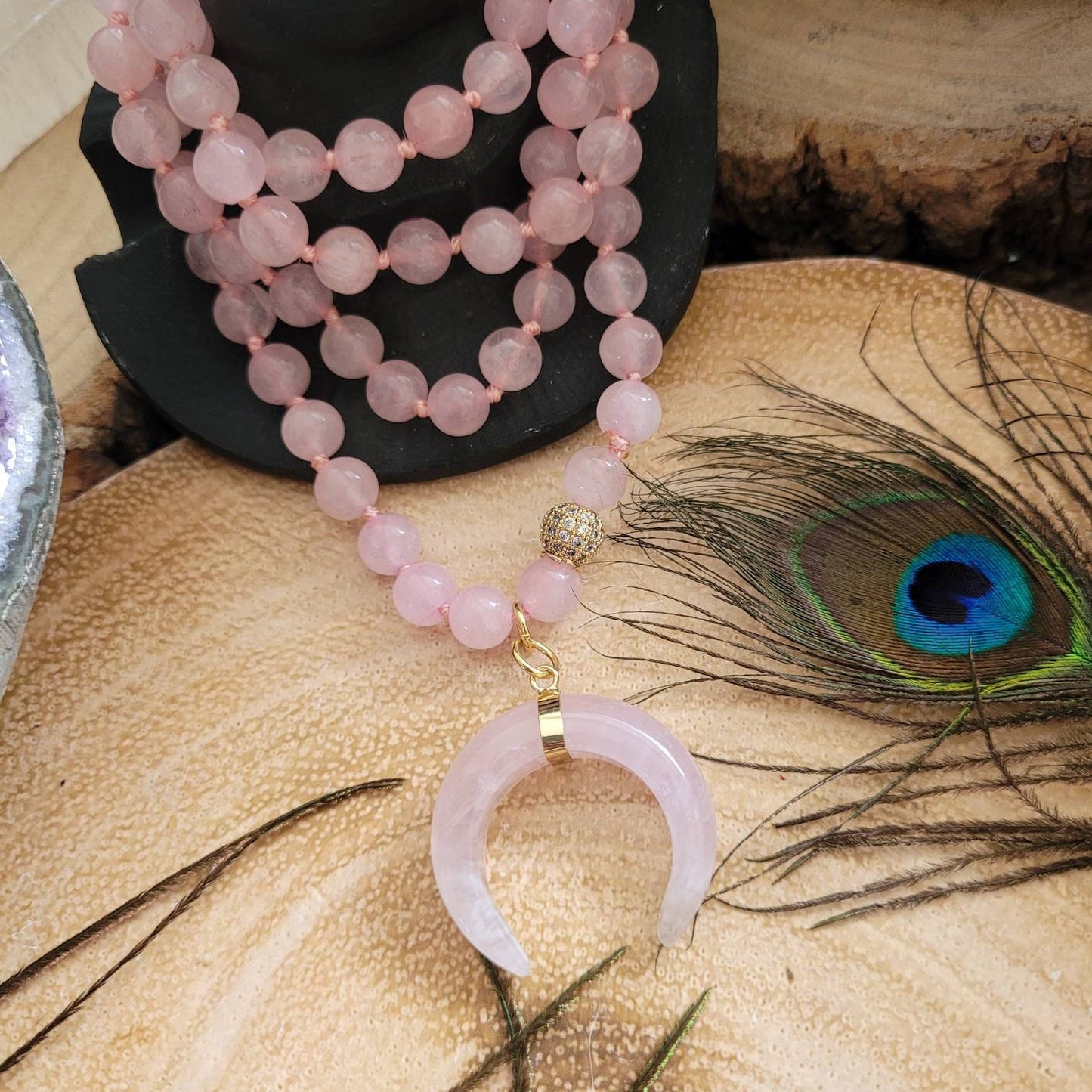 Rose Quartz necklace with crescent moon heart chakra gift for her crystal healing jewellery for women pink witchy jewelry