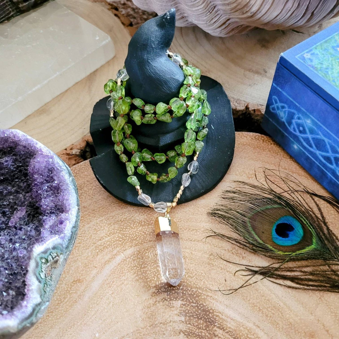 Peridot necklace clear quartz point pendant crystal healing jewellery for women or men gift for him or her heart chakra witchy jewelry