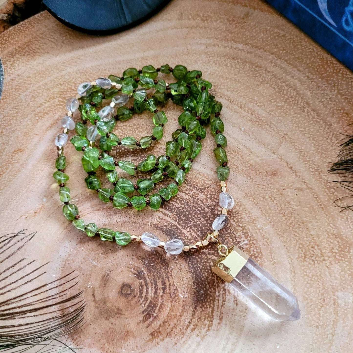 Peridot necklace clear quartz point pendant crystal healing jewellery for women or men gift for him or her heart chakra witchy jewelry