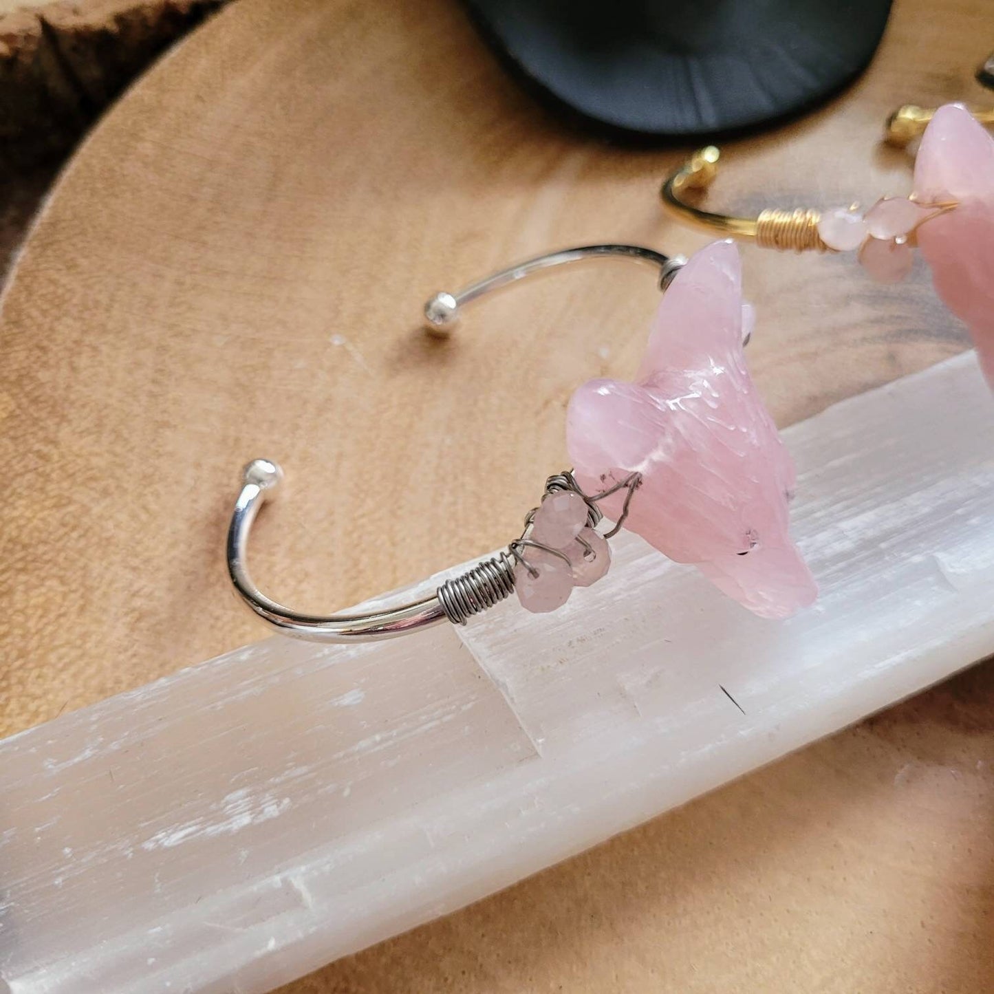 Rose Quartz cuff Bracelet wolf head wire wrapped crystal healing heart chakra witchy jewellery for her jewelry for women