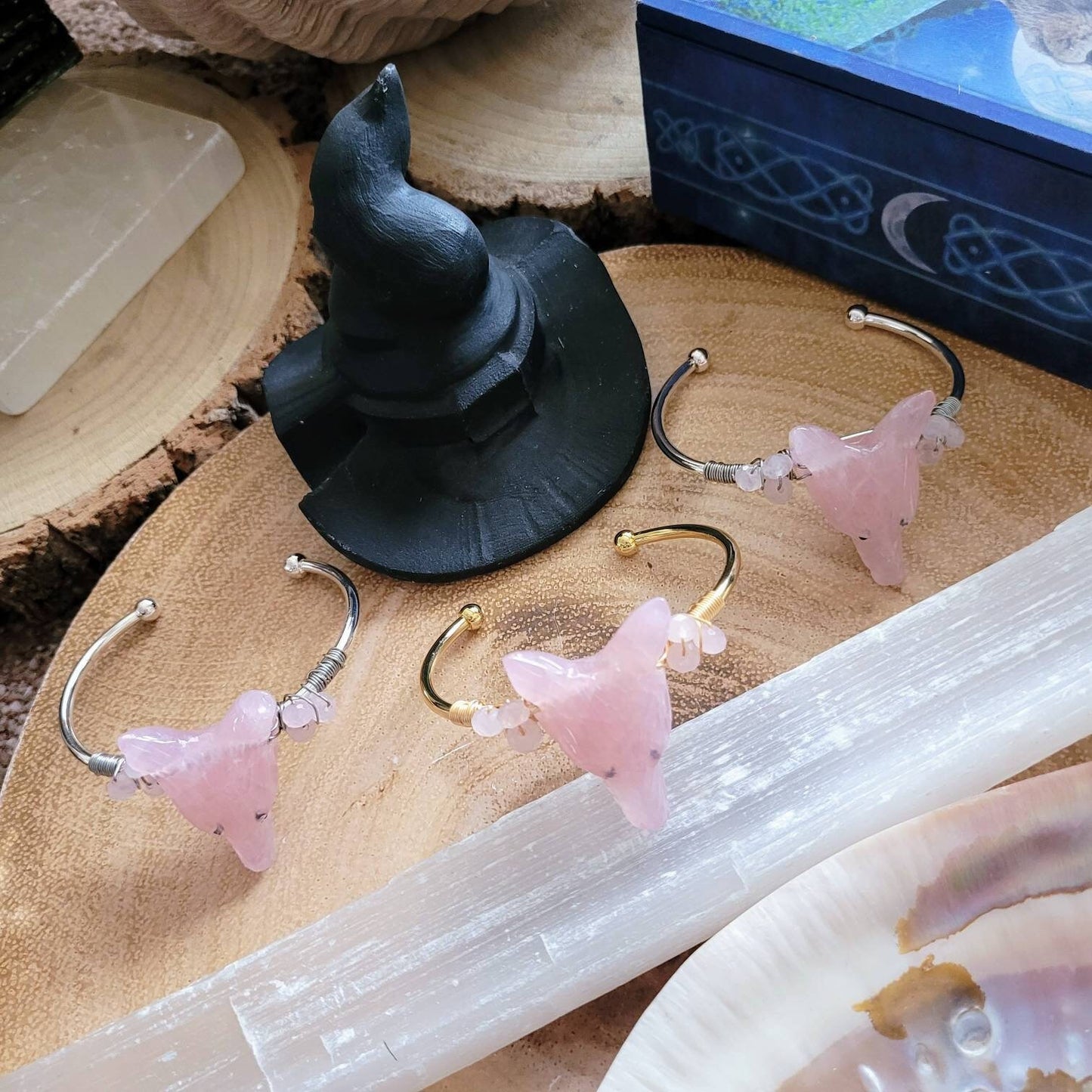 Rose Quartz cuff Bracelet wolf head wire wrapped crystal healing heart chakra witchy jewellery for her jewelry for women