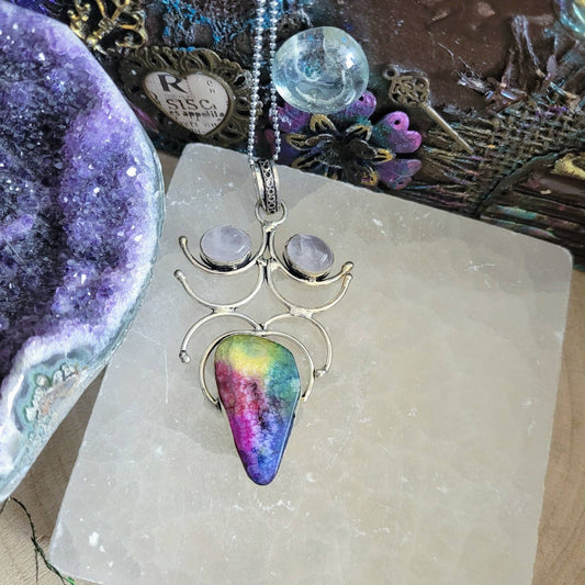 Rainbow Solar quartz and rose Quartz pendant necklace 925 silver witchy jewellery Crystal healing jewellery for women