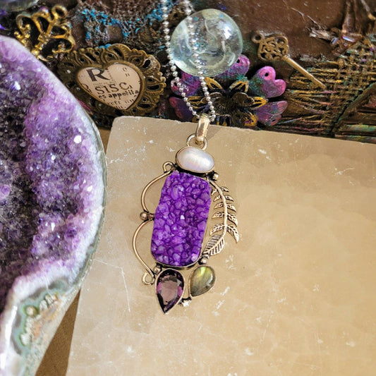 Druzy agate pearl amethyst and labradorite pendant necklace 925 silver crystal healing jewellery witchy jewelry gift for her