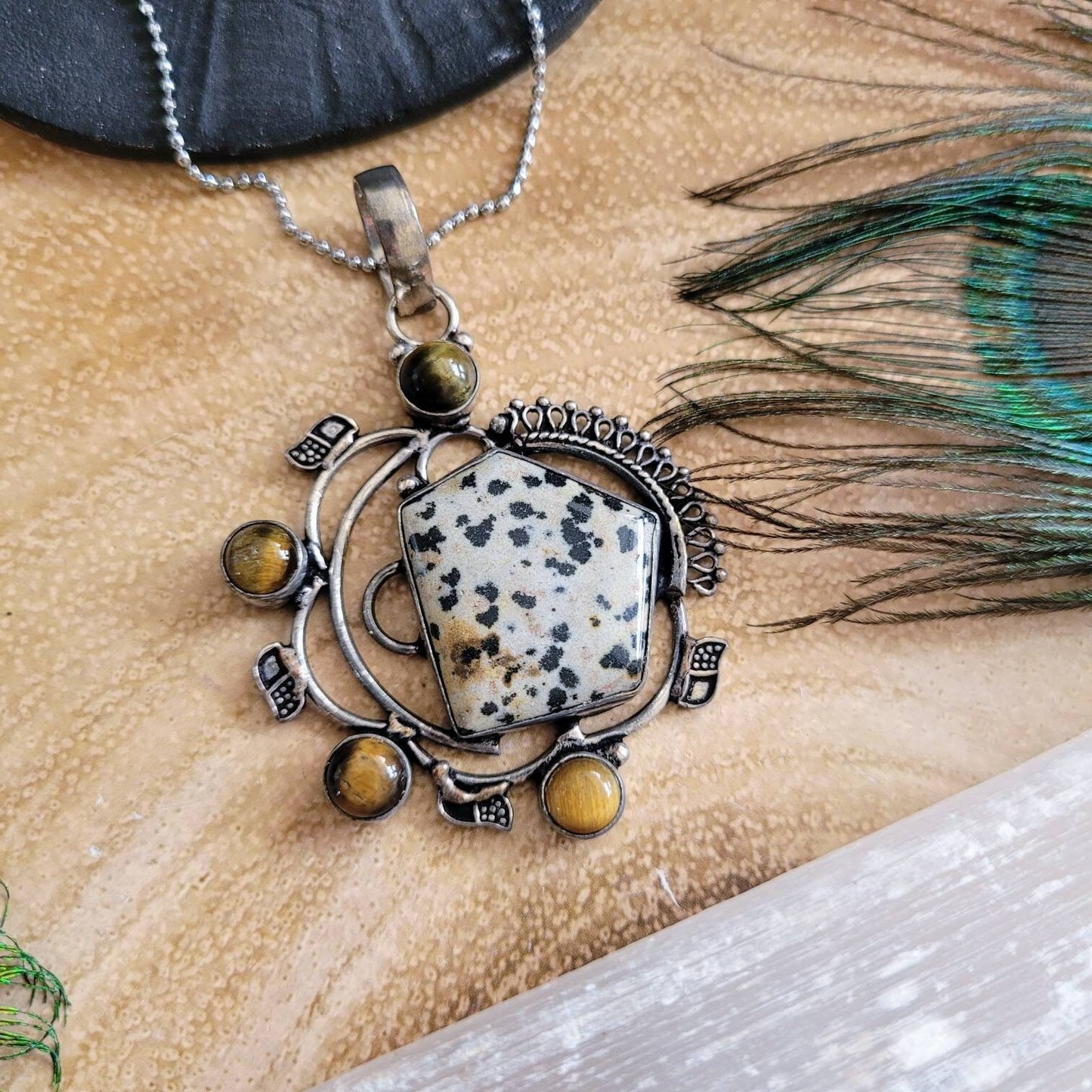 dalmation Jasper and tigers eye pendant necklace 925 silver witchy jewellery gift for him or her