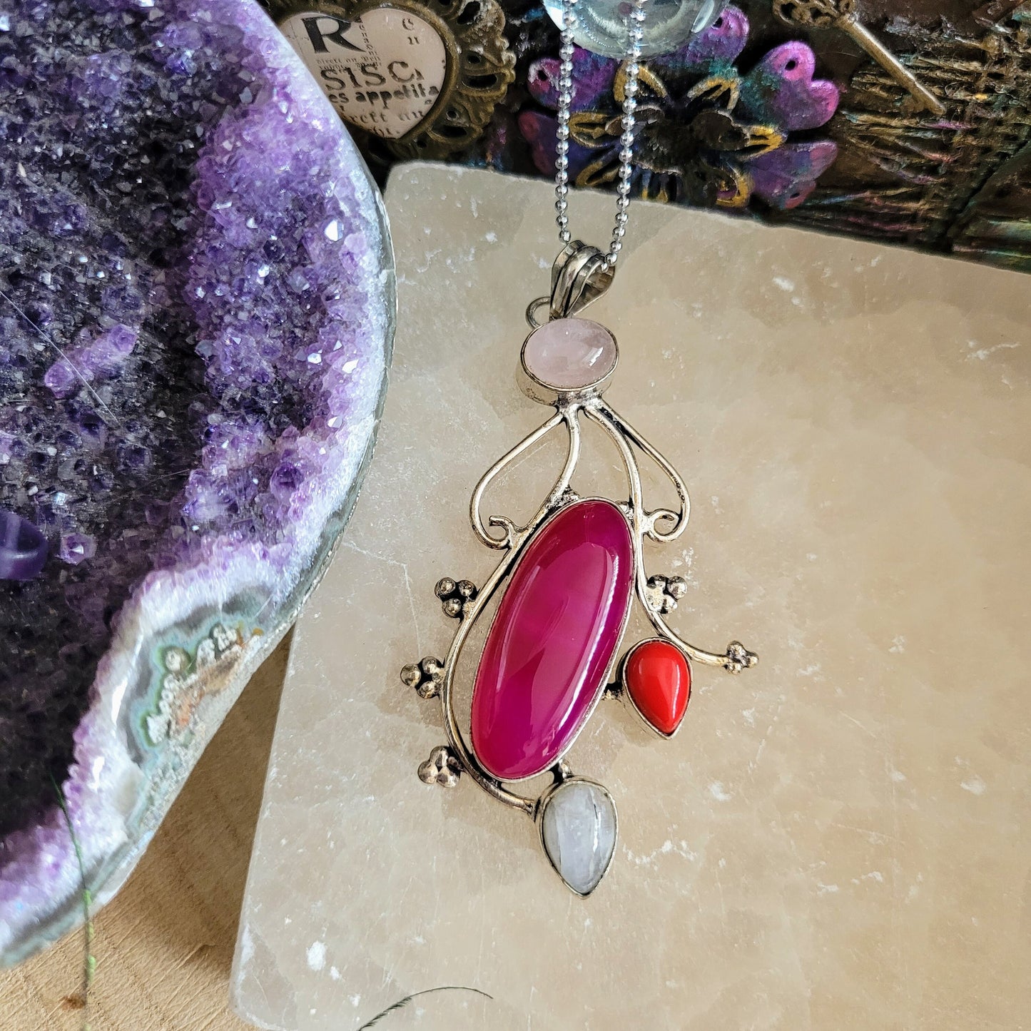 Pink Botswana agate Rose Quartz Coral and moonstone pendant necklace 925 silver crystal healing witchy jewellery gift for her