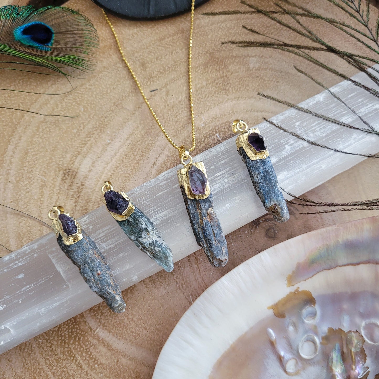 Raw kyanite with amethyst pendant necklace witchy gift for her or him crystsl healing jewellery for men or women