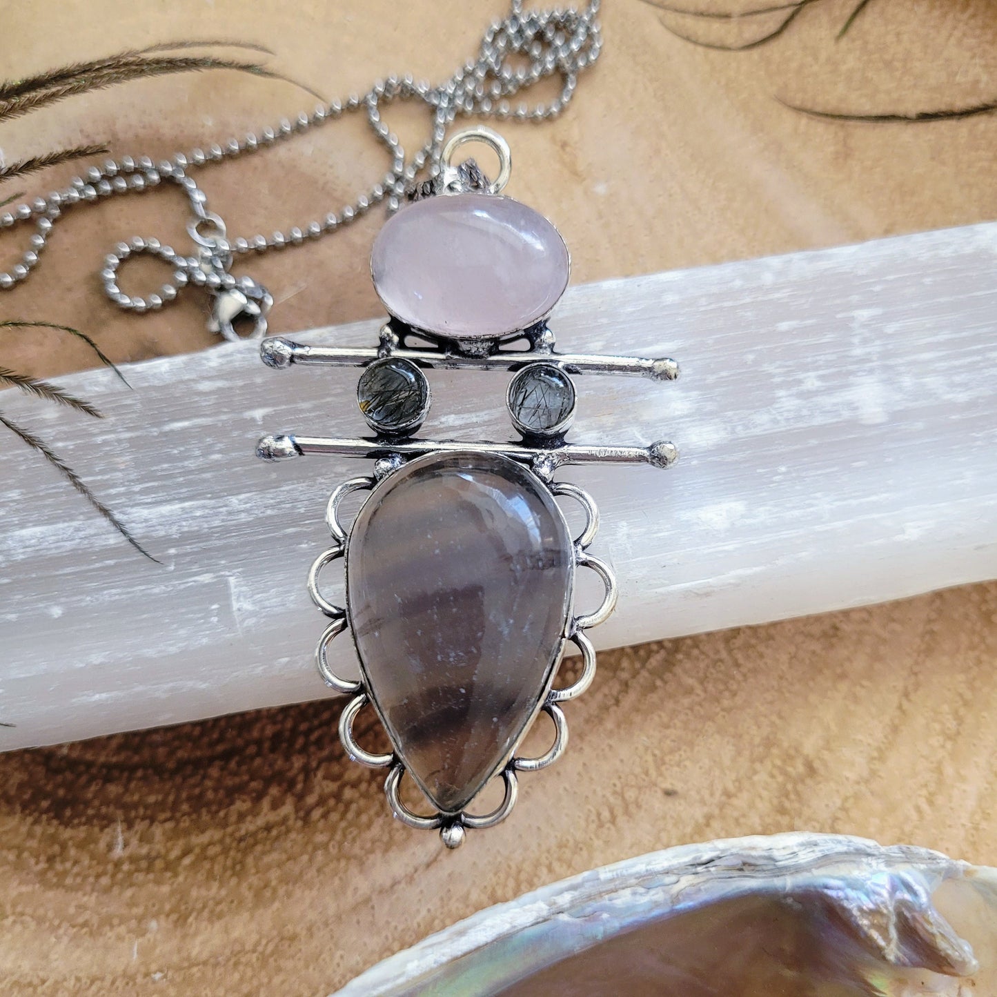 Fluorite rose quartz and tourmaline in quartz pendant necklace 925 silver crystal healing gift for her witchy jewellery gift for her