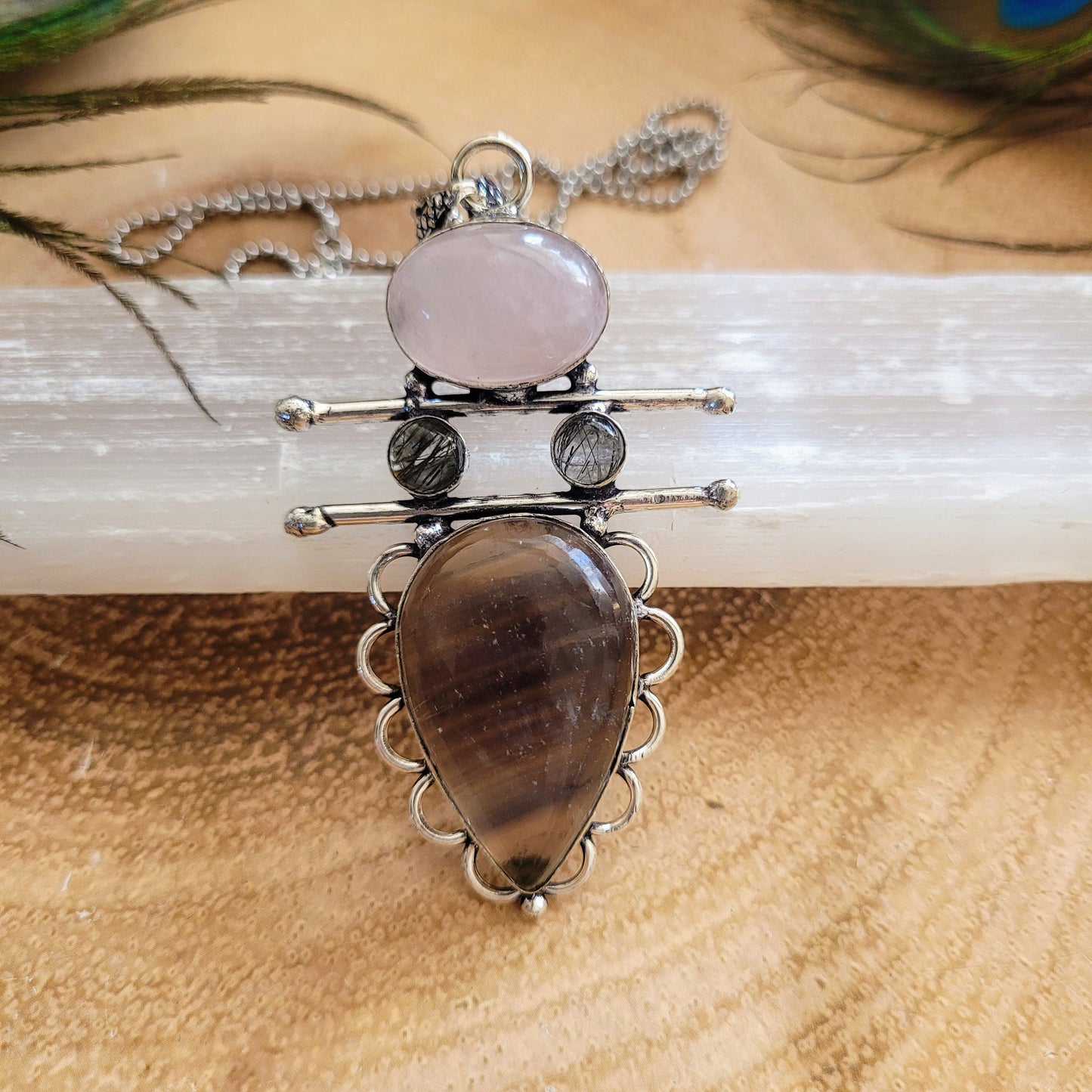 Fluorite rose quartz and tourmaline in quartz pendant necklace 925 silver crystal healing gift for her witchy jewellery gift for her