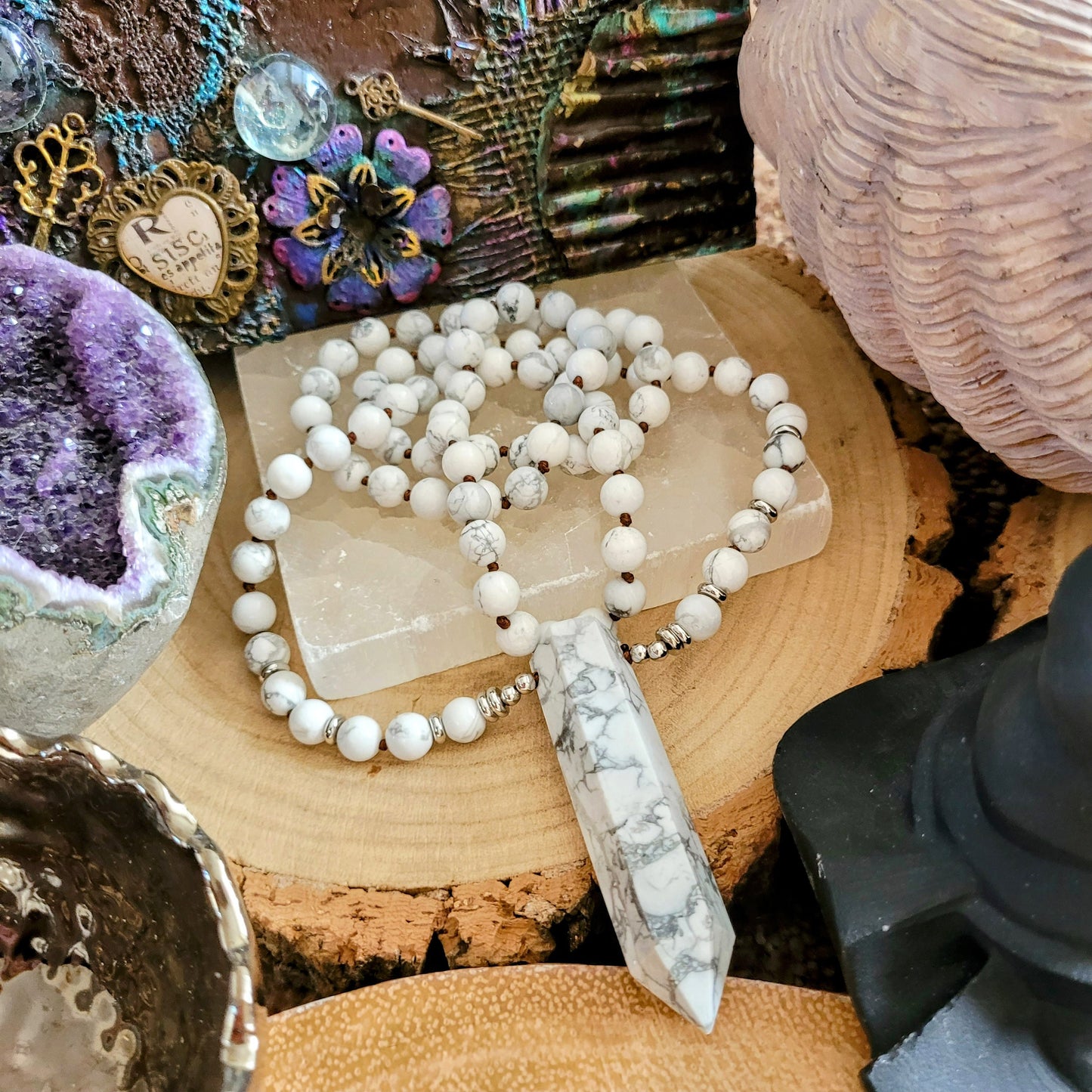 Howlite necklace with large point pendant knotted mala crystal healing witchy jewellery gift for him or her calming meditation jewelry