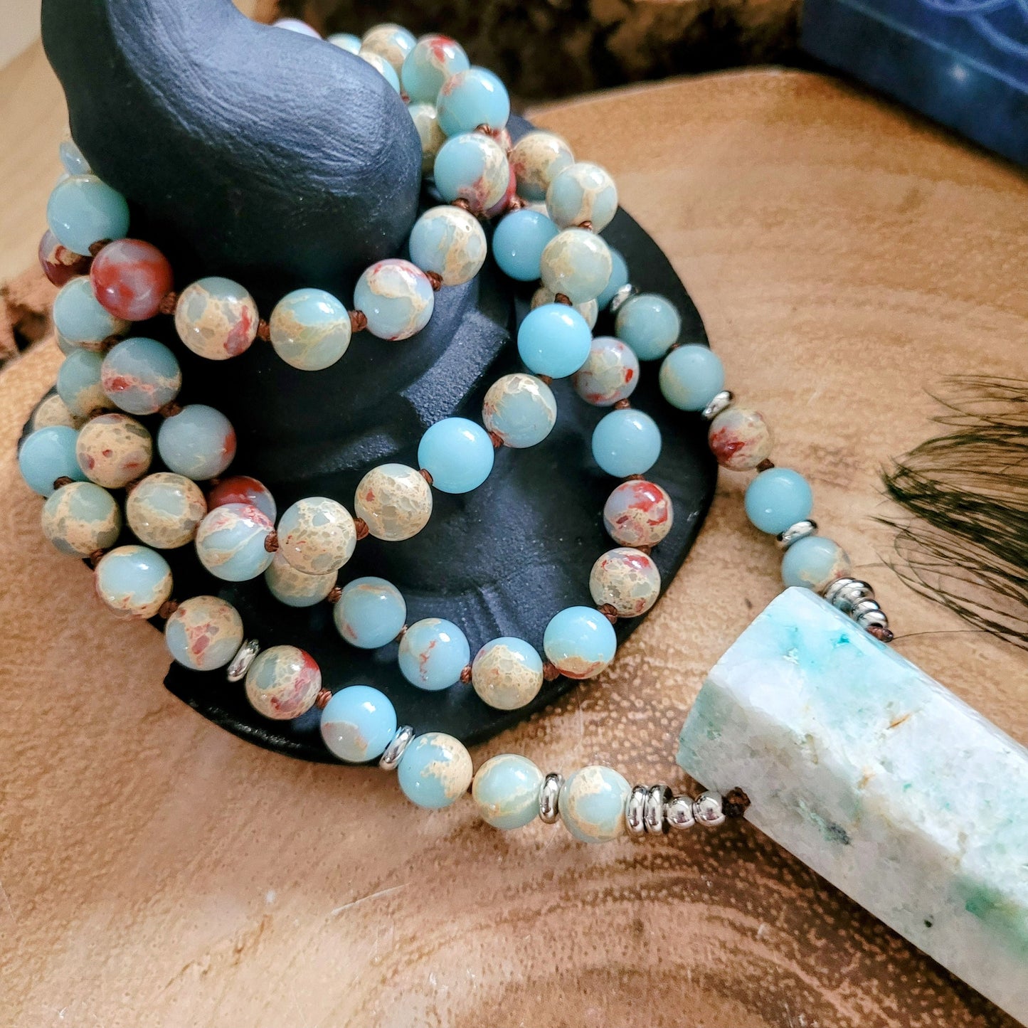 Sea sediment necklace with large pheonix stone point pendant knotted mala crystal healing gift for him or her meditation jewellery