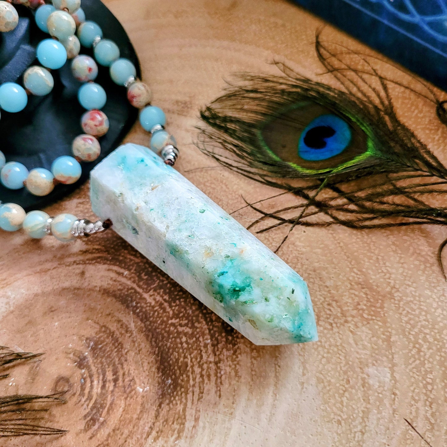 Sea sediment necklace with large pheonix stone point pendant knotted mala crystal healing gift for him or her meditation jewellery