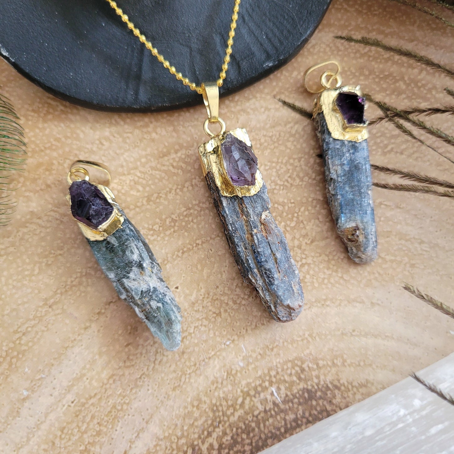 Raw kyanite with amethyst pendant necklace witchy gift for her or him crystsl healing jewellery for men or women