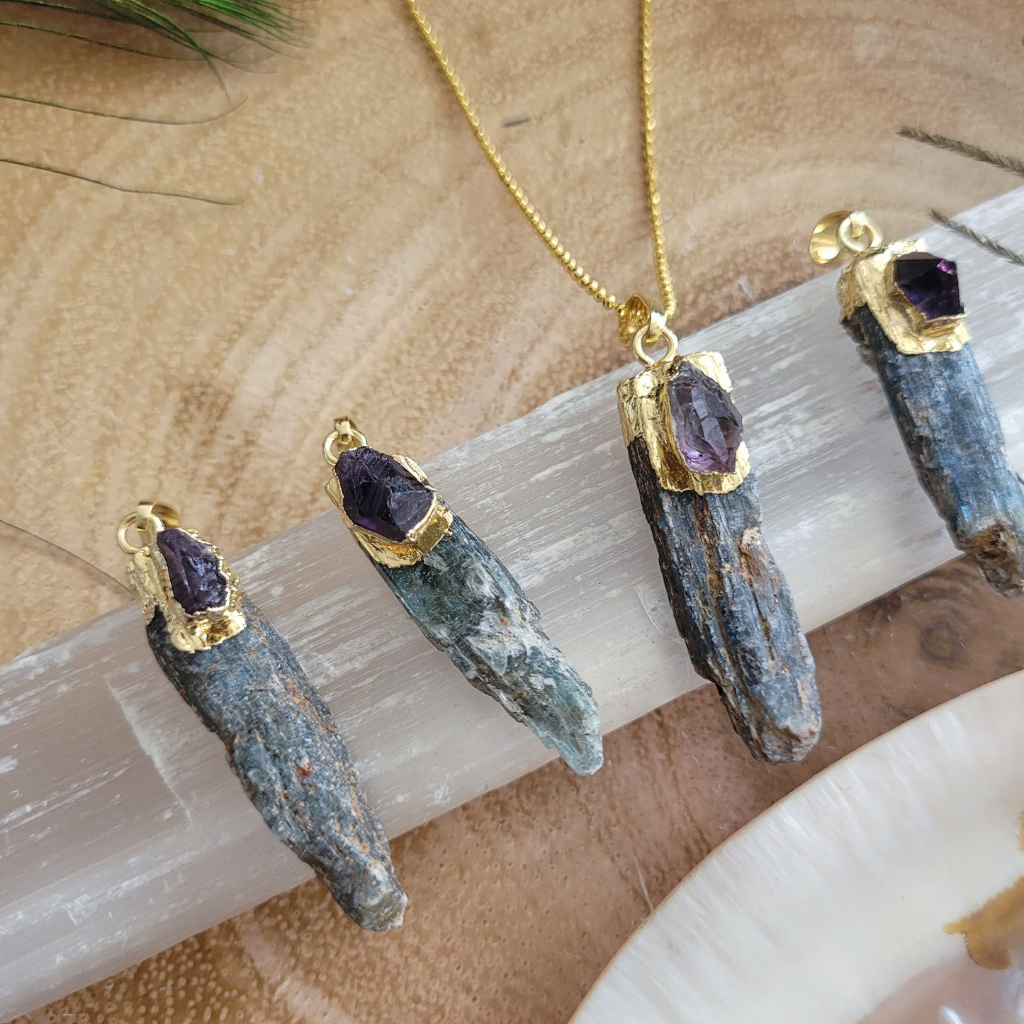 Raw kyanite with amethyst pendant necklace witchy gift for her or him crystsl healing jewellery for men or women