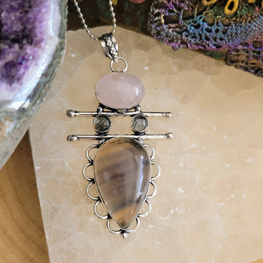 Fluorite rose quartz and tourmaline in quartz pendant necklace 925 silver crystal healing gift for her witchy jewellery gift for her